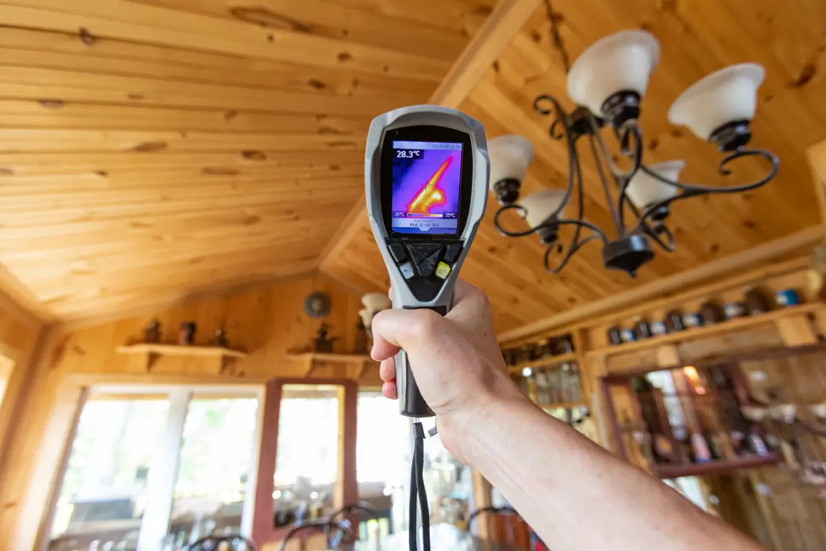 Point-of-view perspective of an indoor environmental quality assessor using a spot thermovision device to examine a wood cladding ceiling for dampness and air quality issues